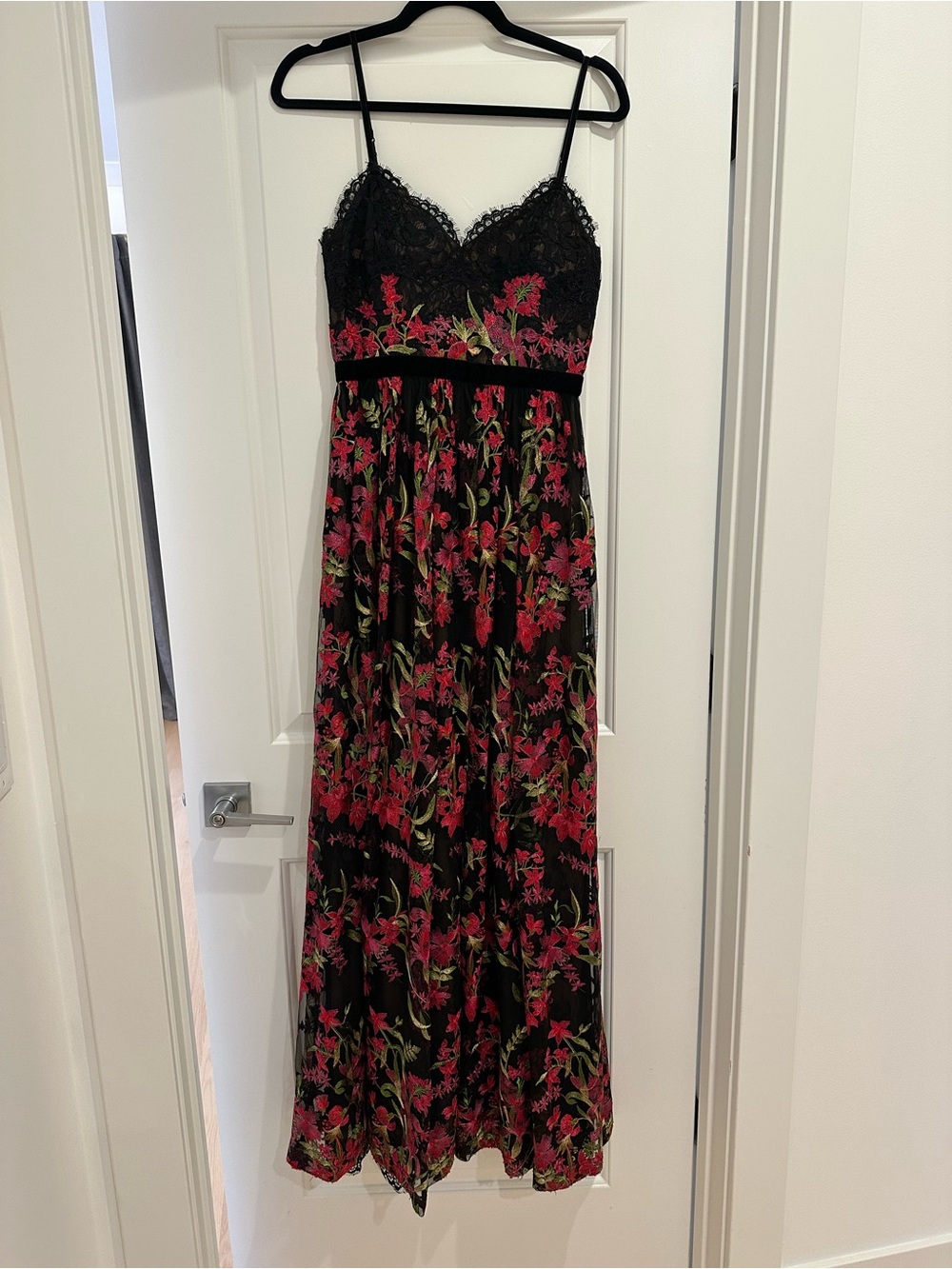 Marchesa Black Maxi/Gown with Pink Floral Embroidery